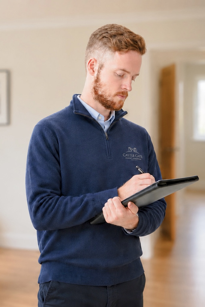 Castle Gate property manager writing notes during a property inspection